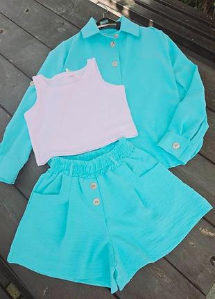 Стильный костюмчик тройка(рубашка+топ+шорты) ткань американский креп-жатка,топ рубчик рукав можн