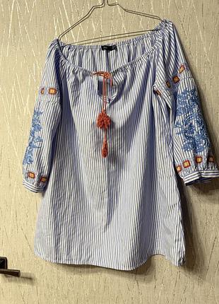 Вишиванка у блакитну смужку з рослинним орнаментом