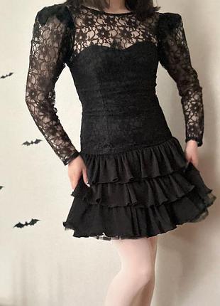 Мереживна чорні міні сукня з 80-х вінтаж мереживо рюши