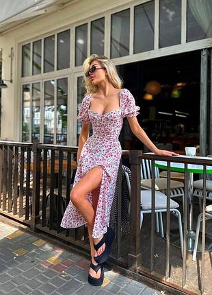 Романтична літня сукня міді з принтом вишеньки плаття з декольте, шнурівкою на спині і розрізом