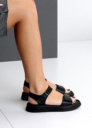 Девочки универсальные открытые черные босоножки мягкая натуральная кожа на липучку + резинка невысокая под