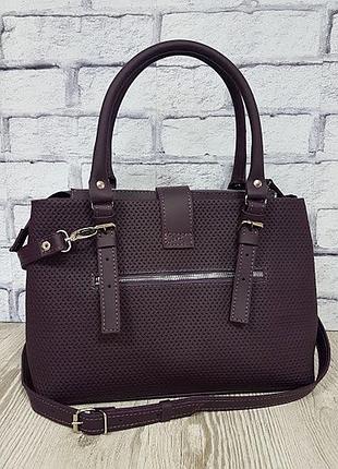 Сумка жіноча середня натуральна шкіра, суперматовий баклажан плетінка з ніжками 16022 фото