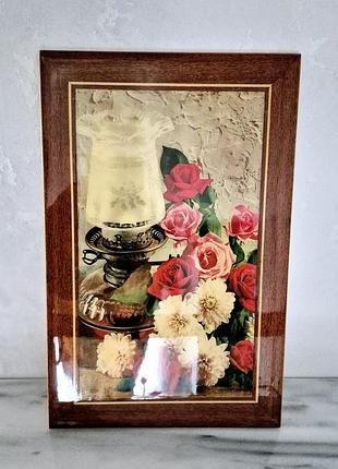 Картина "цветы" редкая винтажная лакированная дерево