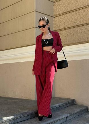Женский костюм в полоску тонкая из легкой натуральной ткани пиджак и брюки палаццо