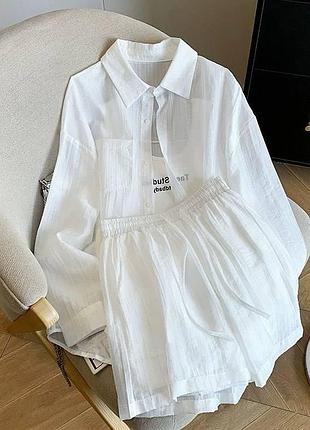 Женский костюм летний легкий шорты и + рубашка льняной из натуральной ткани жатого льна комплект