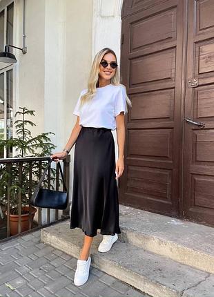 Жіноча літня чорна шовкова спідниця юбка міді