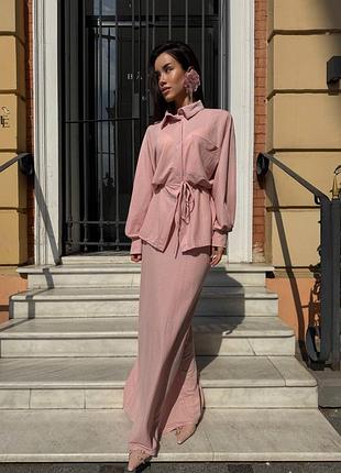 Костюм с юбкой макси в пол рубашка оверсайз широкий рукав пояс высокая посадка лен льняной