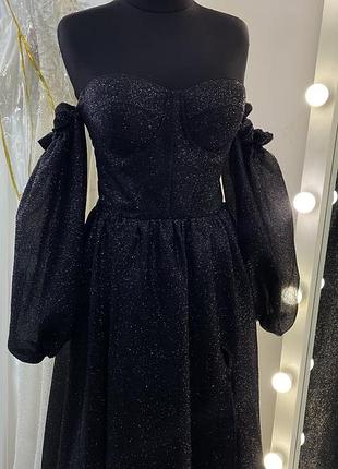 Корсетна блискуча чорна вечірня сукня