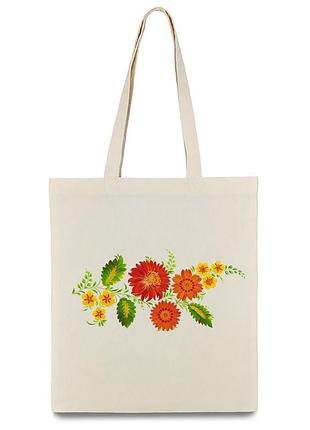 Сумка шоппер с цветным принтом петриковская роспись. цветы