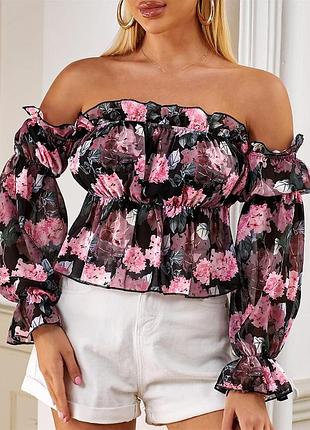 Жіноча блузка з відкритими плечима, квітковий принт, блузка з рюшами, повсякденна, з довгим рукавом