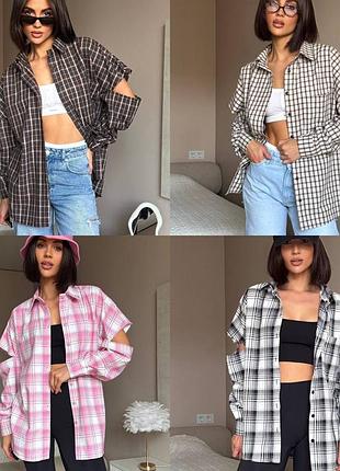 Рубашка женская в клетку с рваными рукавами oversize, рубашка в клетку из фланели