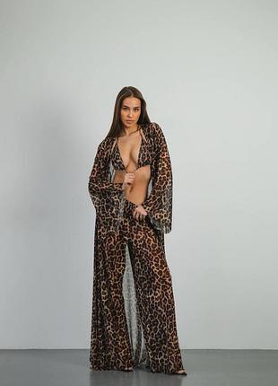 Luxe костюм тройка леопард принт рисунок халат макси кимоно на запах брюки сетка топ бра лиф