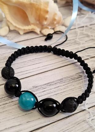 🔺💙🖤мужской браслет-фенечка шамбала натуральный кварц под аквамарин, черный оникс, лава