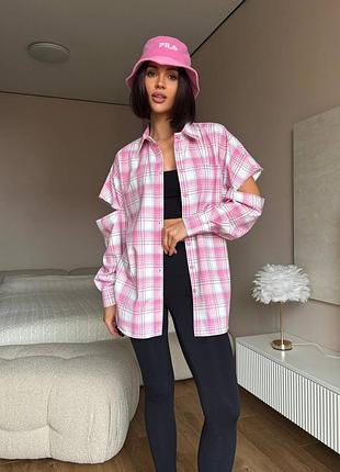 Жіноча сорочка в клітинку з рваними рукавами | 1059