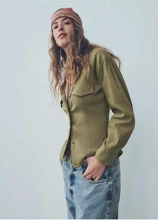 Блузка рубашка хаки рубашка лен вискоза zara