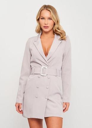 Плаття піджак , міні , блідо-сереньовий (бузковий) під пояс