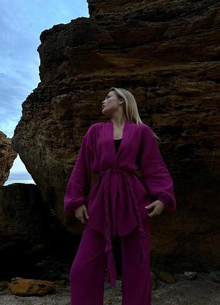 Летний муслиновый костюм тройка брюки + шорты + рубашка цвета фуксия