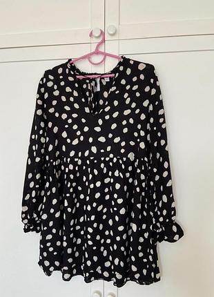 Черное короткое платье свободного кроя в горох,хлопковое в горошек милое