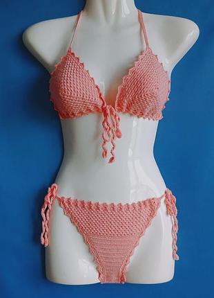 В'язаний роздільний купальник персикового кольору на зав'язках ручної роботи handmade