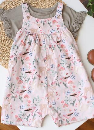 Фирменный набор футболка базовая + комбинезон с в принт с животными tu на девочку 12-18 мес
