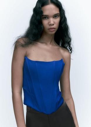 Синий топ корсет с косточками/сатиновый