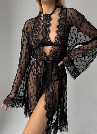 Еротичний сексуальний комплект нижньої (спідньої) білизни халат+бра+трусики s-l чорний