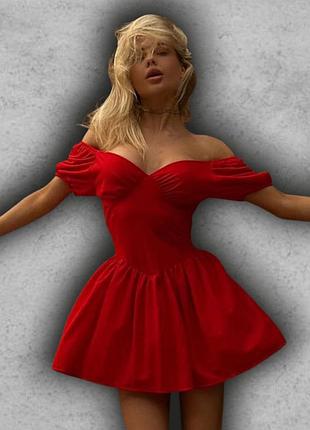 Комбинезон платье женское летнее мини с пышной юбкой декольте рукава фонарики приталенное красный