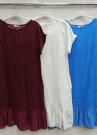 Женское льняное платье с воланом свободного кроя коротким рукавом италия