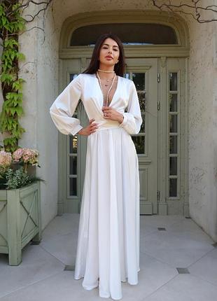 Плаття жіноче довге з довгим рукавом, вечірнє коктейльне ошатне, біле