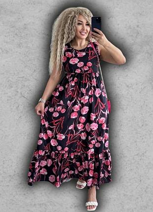 Женское летнее длинное платье без рукавов сарафан макси расклешённое для беременных пышное в розы
