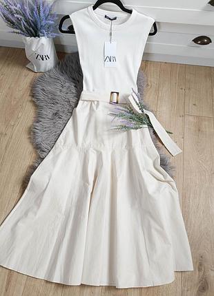 Комбинированное платье миди с ремнем от zara, размер s, l