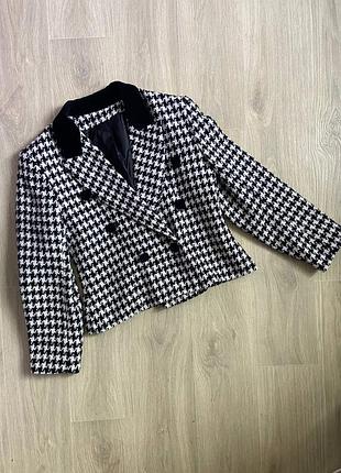 Винтажный двубортный твидовый шерстяной жакет пиджак блейзер гусиная лапка бархат dorothy perkins xl
