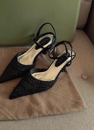 ♠️мюлі, слінгбеки шовкові розшиті бісером kitten heel з ремінцями