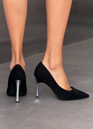 Туфлі лодочки човники чорні замш на каблуці зі стразами