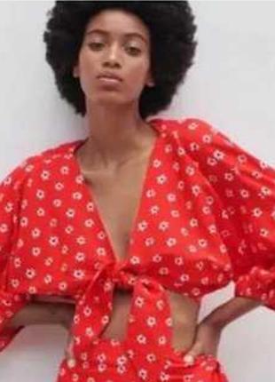 Вкорочений льняний топ на завязках zara в стилі бохо кантрі