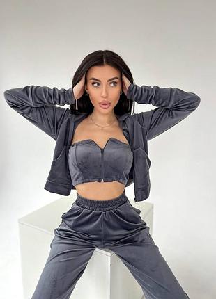 Женский спортивный костюм тройка топ кофта и штаны из велюра