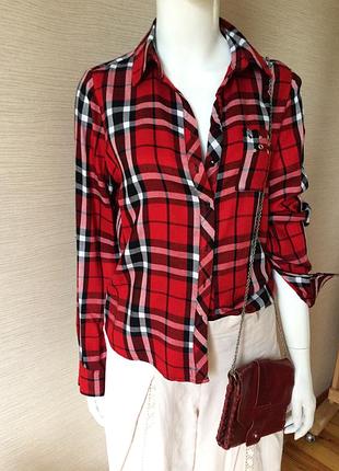 Женская натуральная рубашка красная в белую крупную клетку