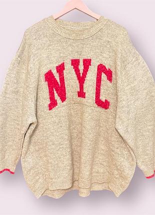 Сірий светр з рожевим написом nyc stradivarius