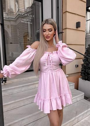 Улюблена легка сукня міні з натуральної тканини муслін стильне плаття з рюшиками