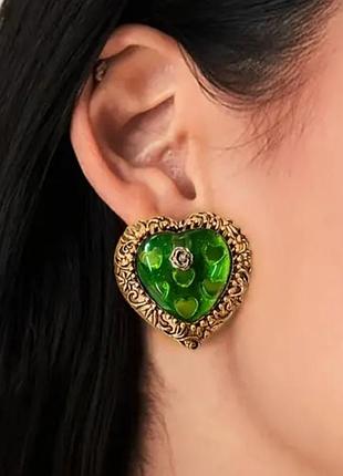 Серьги сердца зеленые винтажные в розах, 2510
