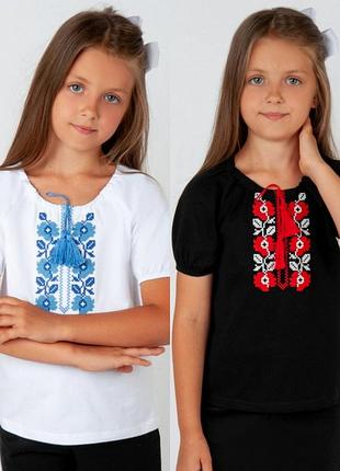 Вышиванка для девочек с цветочками, с коротким рукавом