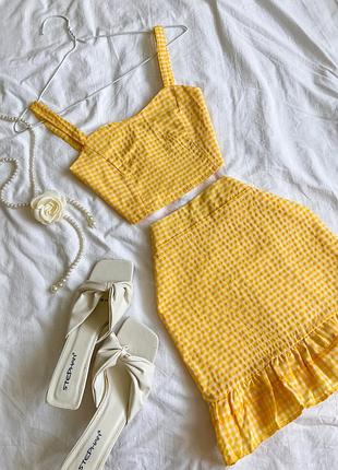 Літній картатий костюм із бавовни топ та спідниця міні