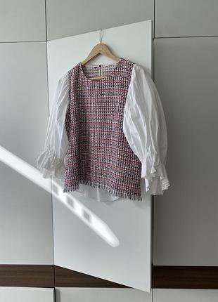 Твідова блузка zara розмір m 10 з білими обʼємними рукавами