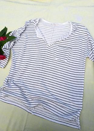 Лонгслив белый в тонкую черную полоску с карманчикаом на груди, футболка с длинным рукавом ,52-56разм,турция.