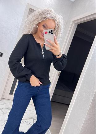 Женская кофта блузка из хлопковой вафельки хлопковая на молнии черная с длинными рукавами на манжете