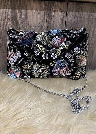 Бархатная сумочка клатч на цепочке с пайетками и бисером вышит цветочный узор primark