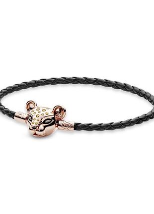 Оригинальный серебряный браслет пандора pandora 588053cbk 100% оригинал с львица чёрная кожа новое с биркой розовое золото серебро проба ale met