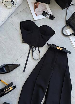 Костюм: топ / корсет з чашками + брюки палаццо жіночий стильний модний трендовий сірий чорний