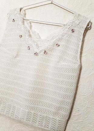 Винтажная блуза-топ без рукавов майка белая нарядная летняя кружевная ручная работа
