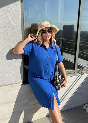 Легка сукня - сорочка з натуральної тканини муслін міді плаття з кишенями батал